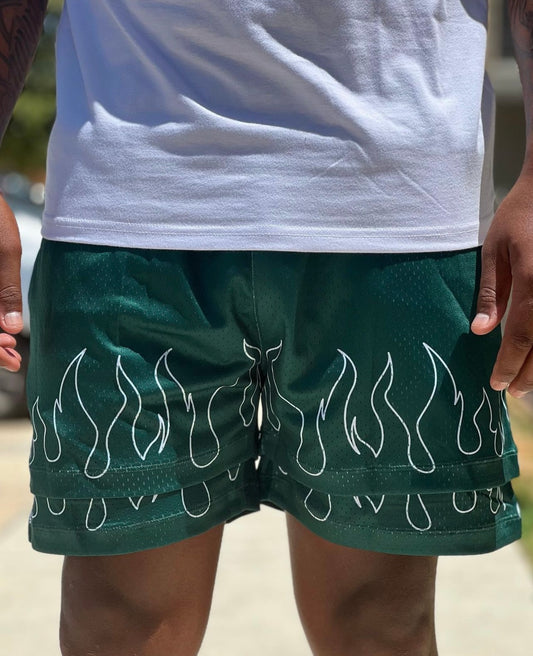 Blazing Style: Green Flames Shorts for a Fiery Look