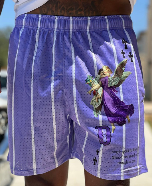 Serenity Shorts: Lavender & White Stripes with Inspiring Bible Quote